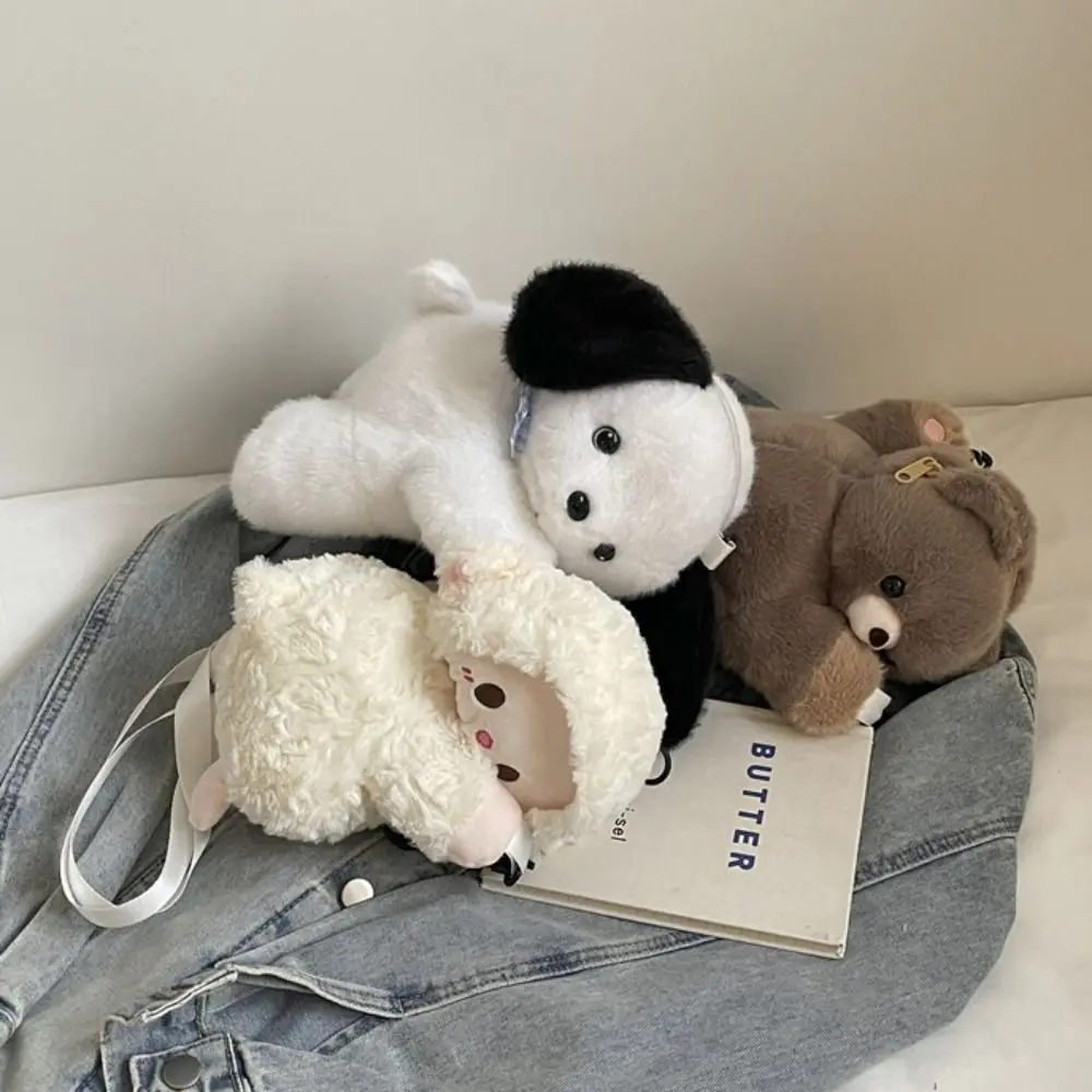 Korean Style Plush Animal Backpack Soft Doll Toy Sheep Crossbody Bag Adjustable Strap Bear Stuffed Animal Shoulder Bag Outdoor