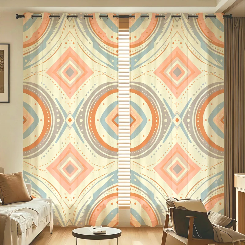 2Pcs Polyester Curtain Set,Multi-Sizes,Easy Hanging & Installation,85% Light Blocking,Boho Geometric Diamonds Circle Dots Print