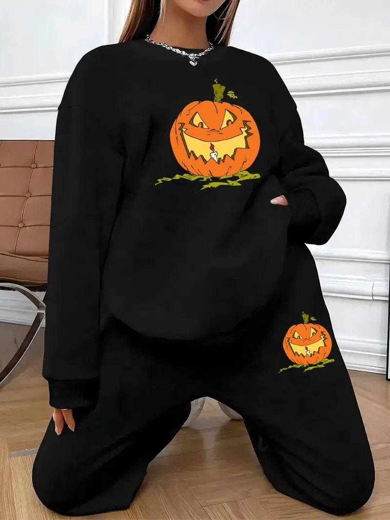 

Halloween devil pumpkin pattern 2 sets, women comfortable outdoor long sleeve crew neck hoodie with casual pants suit women