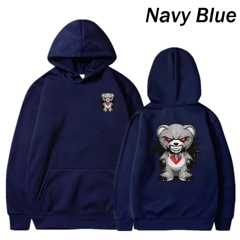 New Funny Evil Bear Hoodie Bear Print Clothing Casual Hooded Men Fashion Sweatshirts Fleece Loose Streetwear