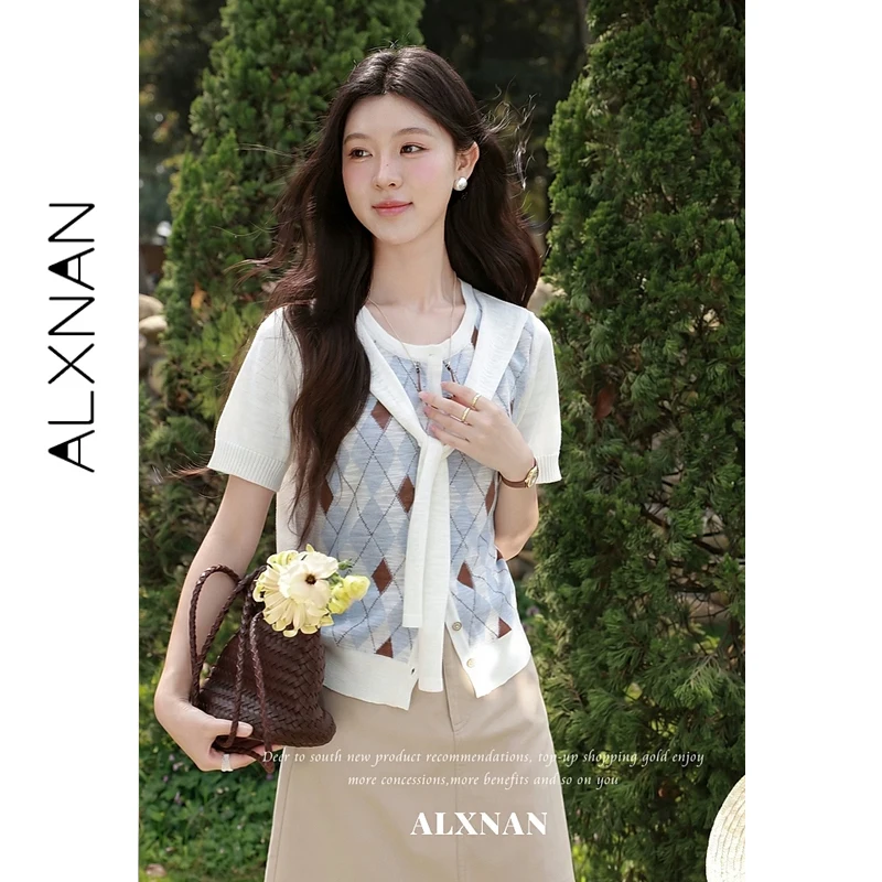 

ALXNAN Knitted Short Sleeve T-shirt Women Preppy Argyle Fake Two-Piece Sailor Collar T-shirts Casual Vintage Female Tops L63638
