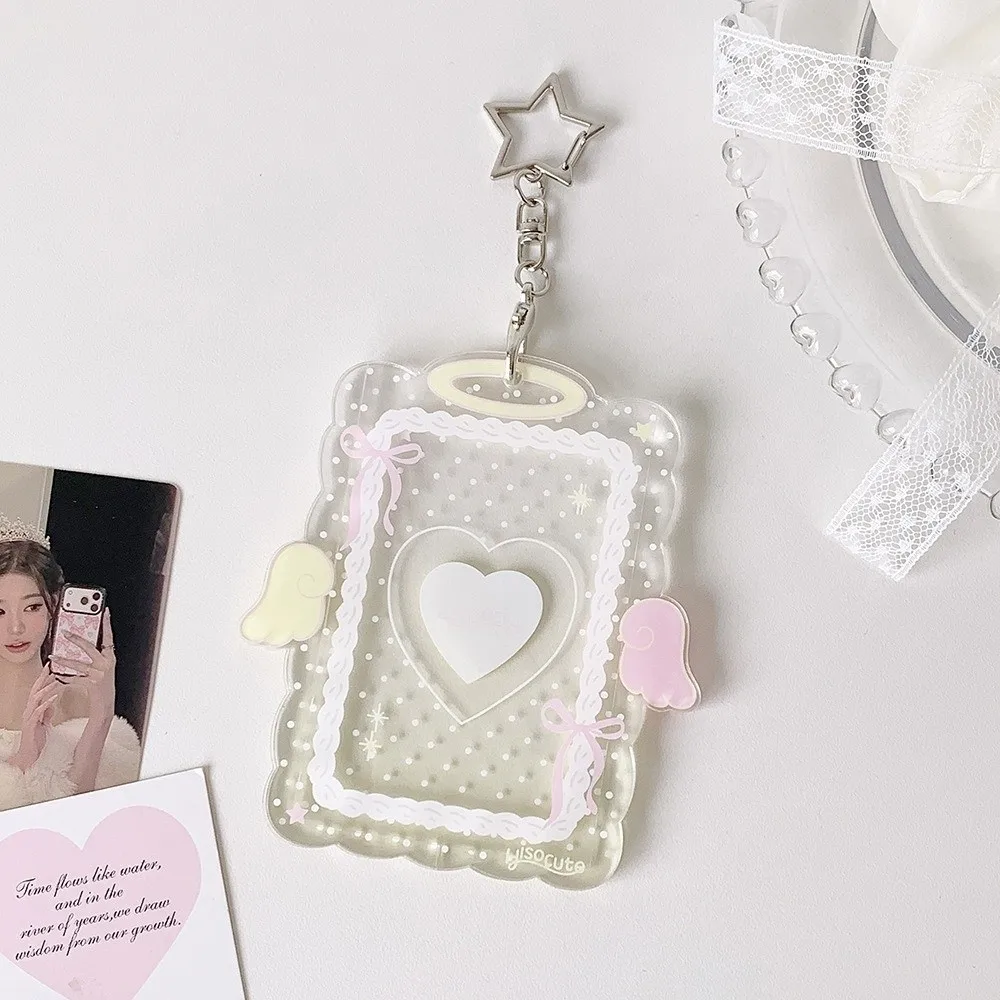 Acrylic Kpop Photocard Holder Keychain 3 Inch Cartoon Idol Card Display Protector Wings Love-heart Transparent Card Holder