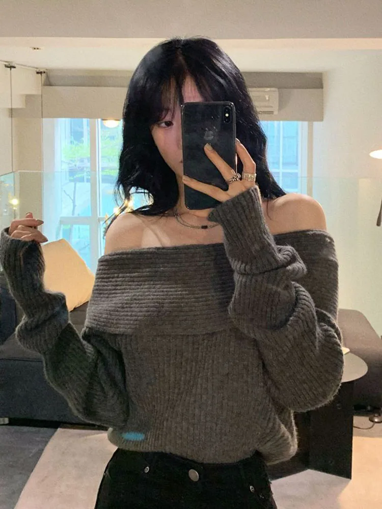 Zoki Off Shoulder Women Sexy Sweaters Casual Long Sleeve Slim Slash Neck Knitted Pullovers Korean Chic High Quality Soft Jumpers