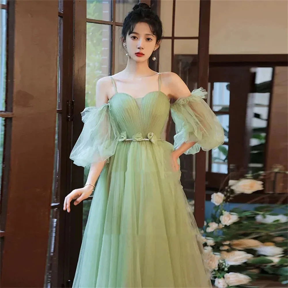 Sage Green Sweetheart Korea Evening Dresses A Line Spaghetti Straps Ruched Formal Party Prom Gown For Wedding Photos ShootCL-605