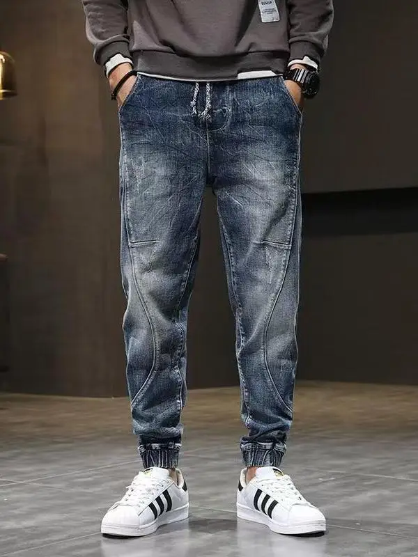 

High-End Hong Kong Spring Summer Men's Workwear Patchwork Jeans Elastic Slim Fit Casual Trousers Harlan Trendy Brand Youthful