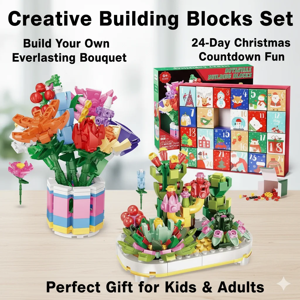

Creative 24 Days Countdown Flower Bouquet Building Block Advent Calendar 2025 DIY Holiday Gift Box Toy Set for Adults Kids