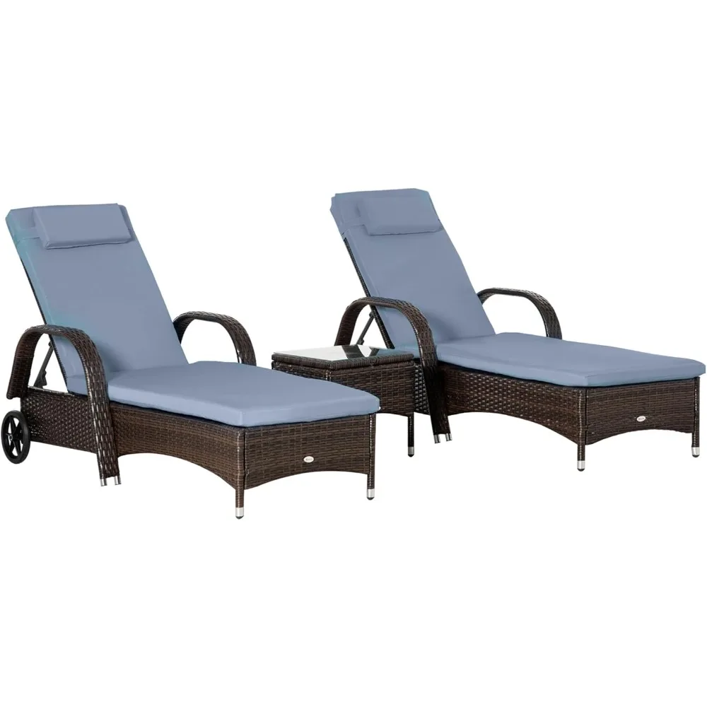 Wicker Outdoor Chaise Lounge Set of 2, 5-Level Adjustable Backrest PE Rattan Pool Lounge Chair with Wheels, Cushion & Headrest