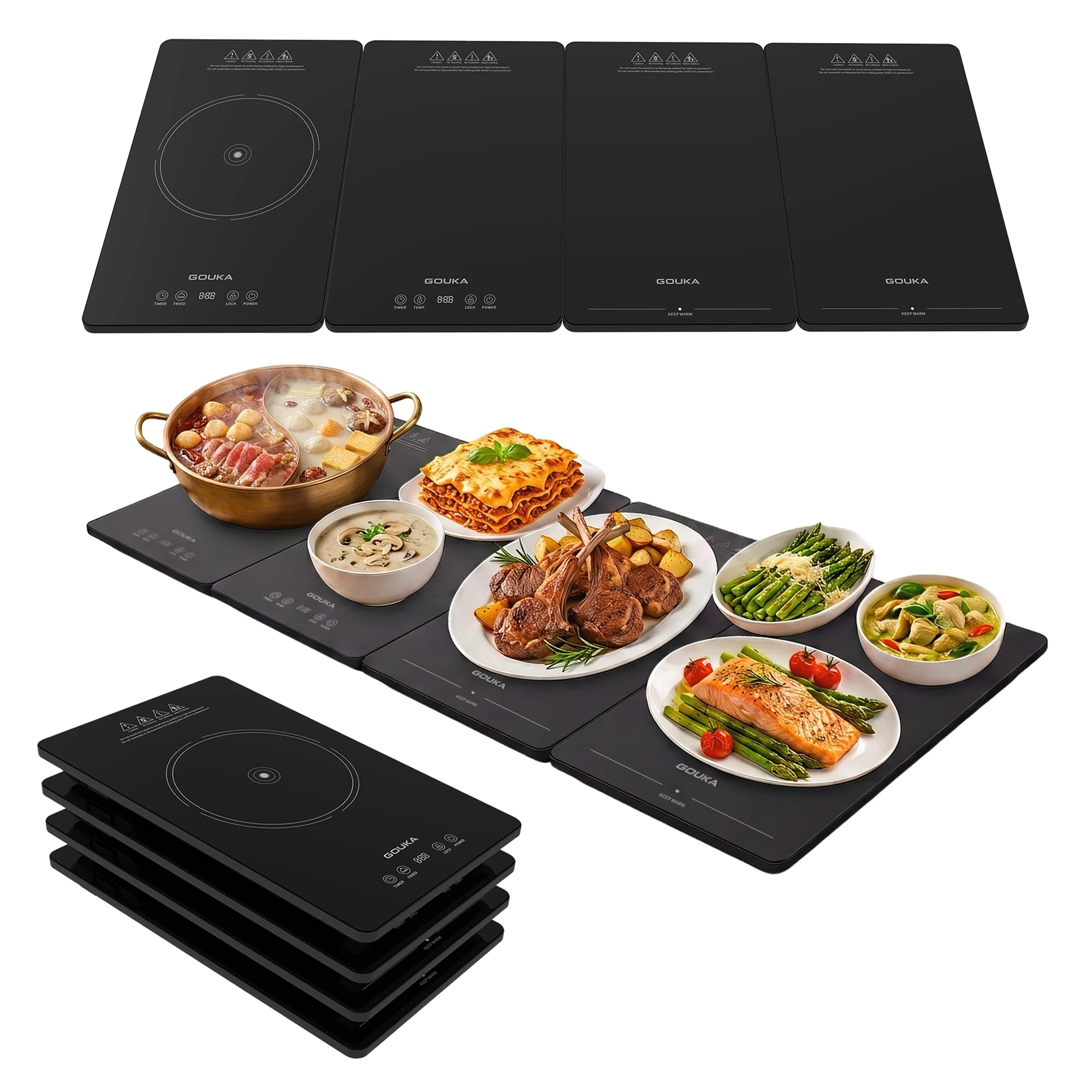 Electric Warming Tray with 700W Hot Pot Zone, 4-Panel Modular Design, Adjustable Temperature, Timer and Automatic Warming
