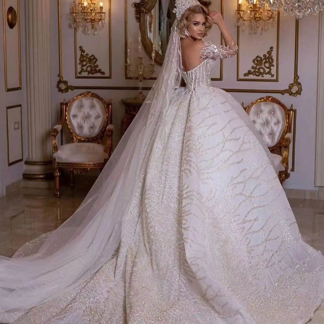 

Princess Sequined Sheer Neck Wedding Dresses Long Train Wedding Gowns Chapel Beading Brides Dresses Vestido De Casamento