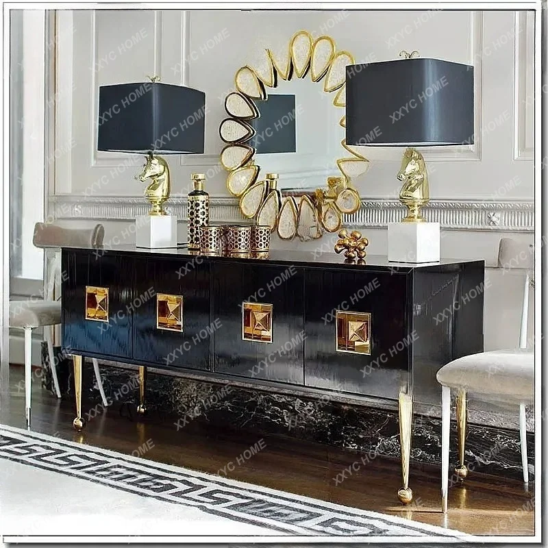 XX Modern Luxury TV Stand Gold Legs Black High Gloss Lacquer Stainless Steel Mirror Cabinet Console Table for Living Room