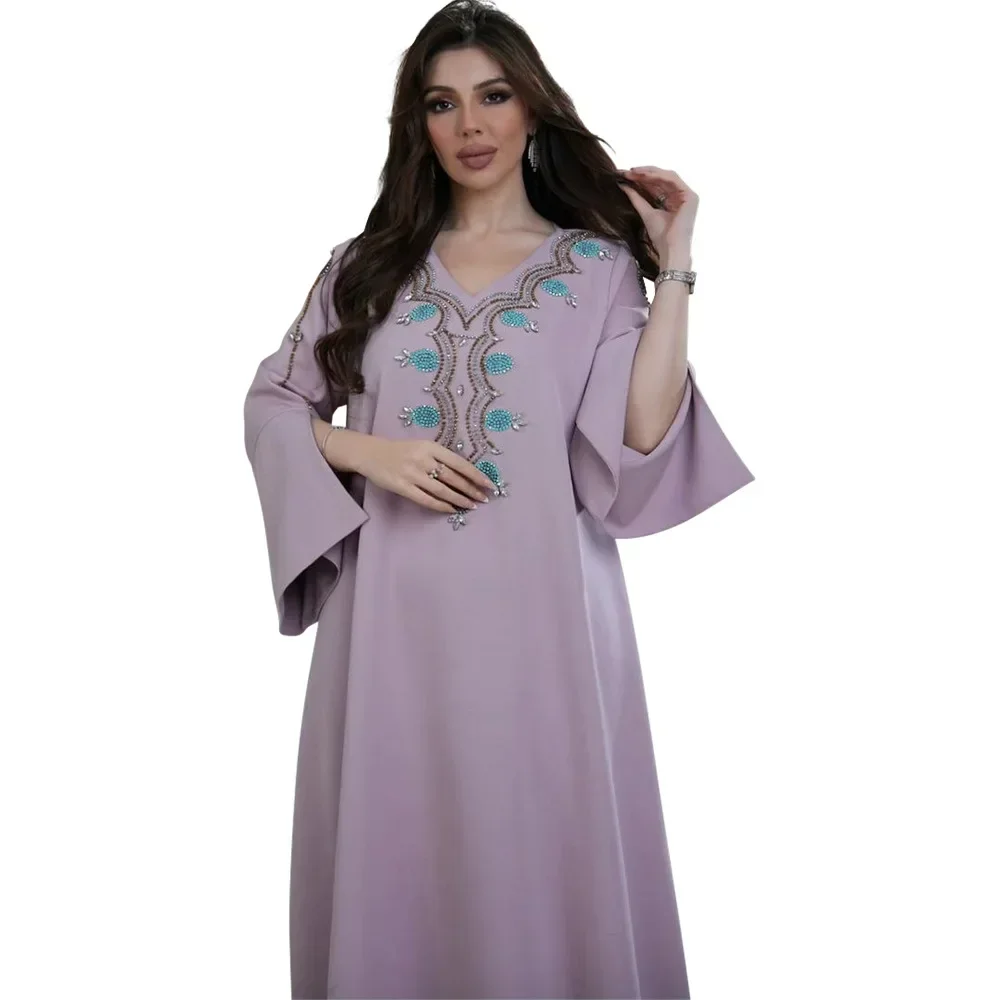 Diamond Casual Arabian Dubai Abaya Loose Muslim Dress Women Party Holiday Long Sleeve Daily Dress Kaftan Femme Musulman Caftan