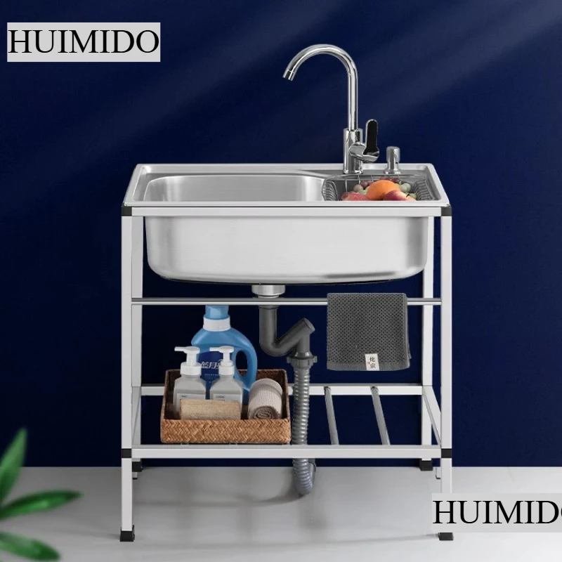 Thick Stainless Steel Kitchen Sinks with Bracket Multifunction Single Wash Basin Floor-standing Commercial Kitchen Washing Sinks