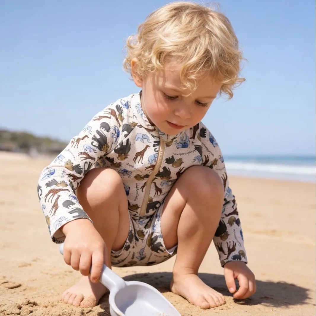 Summer Boys One-piece Swimsuit Kids Long Sleeve Cute Cartoon Animal Print Sun-protective Quick-Dry Swimwear Baby Bathing Costume