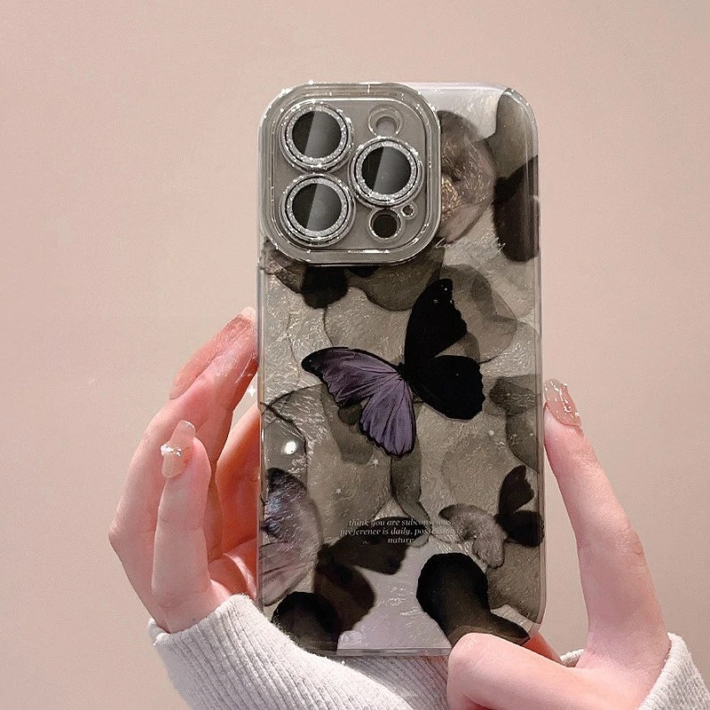 

New Ink Black Butterfly Phone Case Compatible with IPhone 16/15 Premium Full-Coverage Protective Case with Lens Protector