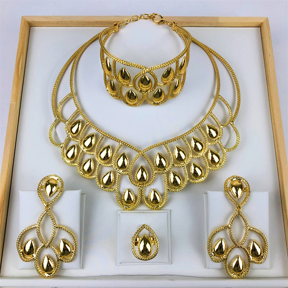 

Dubai Luxury Jewelry Set For Women Nigeria Gold Plated Water droplet Necklace Earrings Bangle Ring For Ethiopia Party jewelry