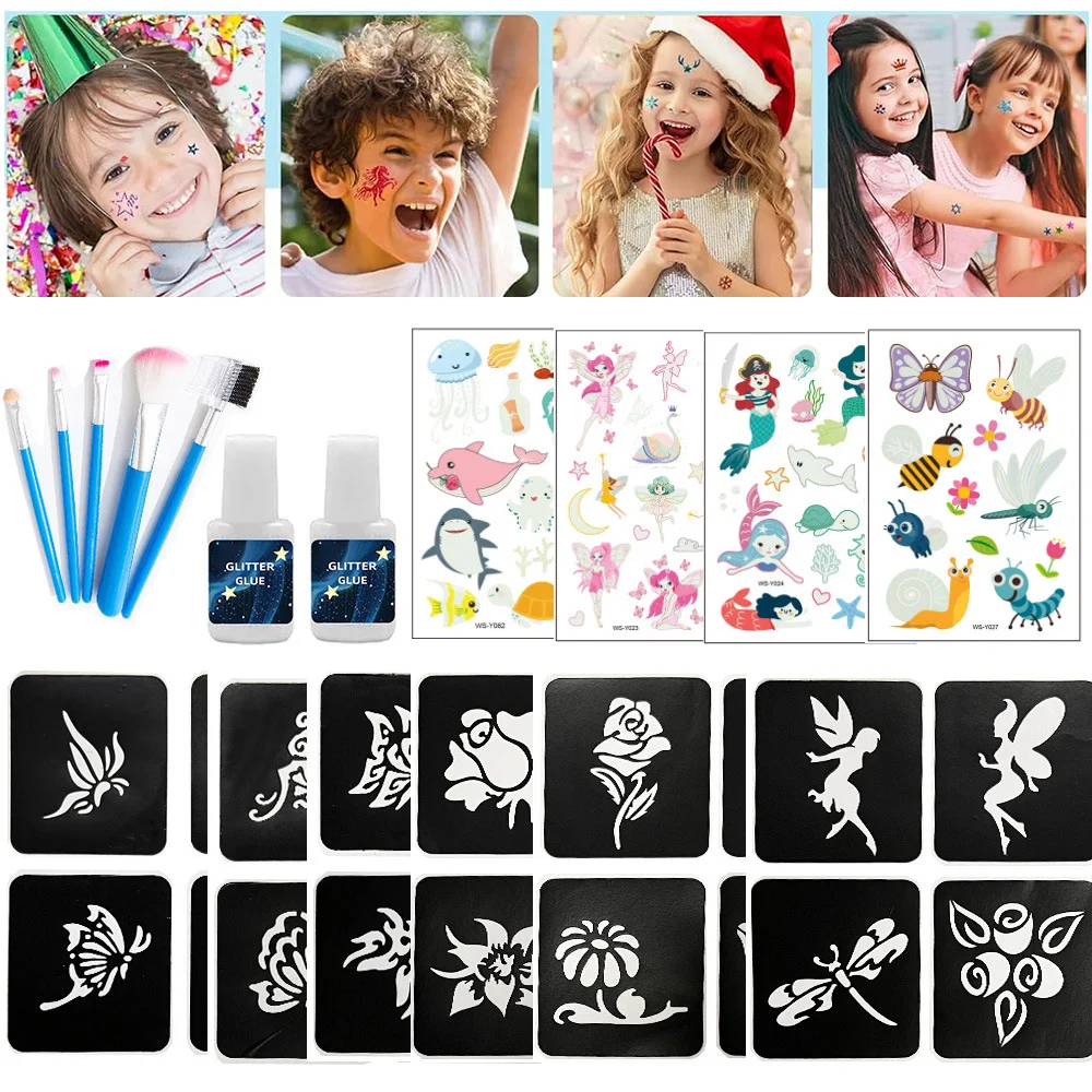 12 Color Temporary Glitter Tattoo Kit for Kid with 24 Stencils Adults Girls Boys Arts Glitter Make Up Kit Beautiful Holiday Gift