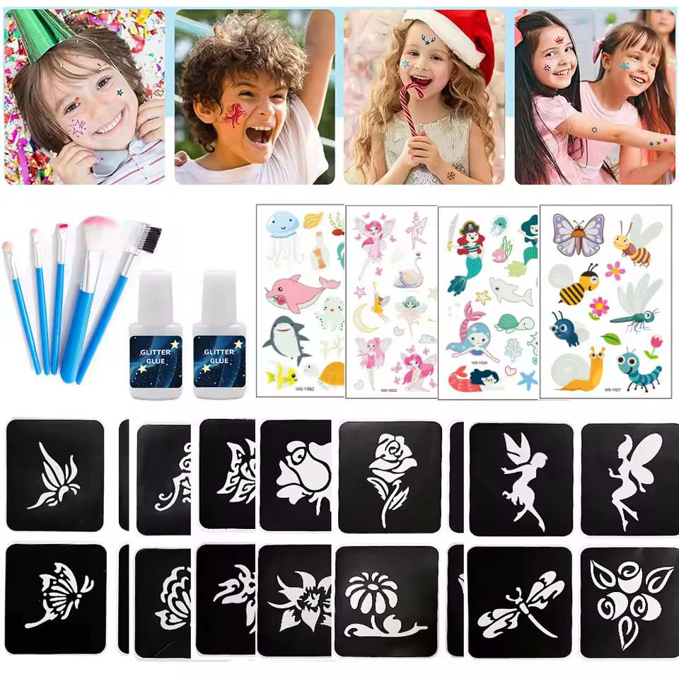 12 Color Temporary Glitter Tattoo Kit for Kid with 24 Stencils Adults Girls Boys Arts Glitter Make Up Kit Beautiful Holiday Gift - AliExpress 