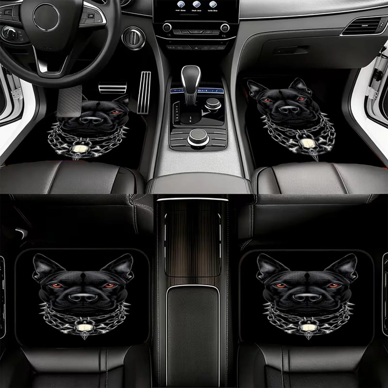 4pcs Car Floor Mats, Material, Stylish Design With Black Dog & Silvery Skull Pendant, Suitable For Car Interior Decoration, Dura