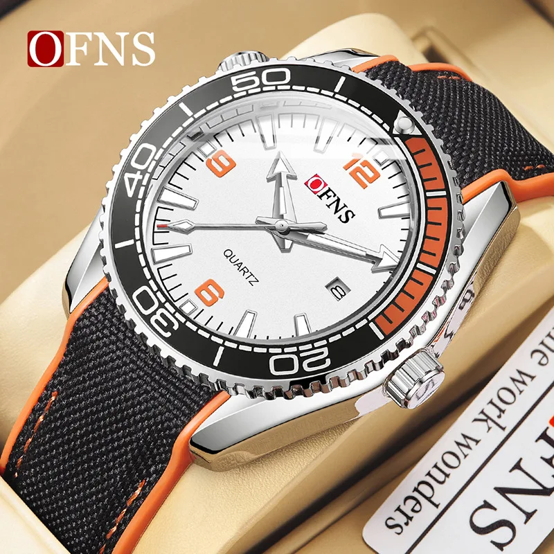 

OFNS Fashion Business Leisure Men's Quartz Watch Calendar 3ATM Waterproof 3D Luminous Gear Crown Rotating bezel