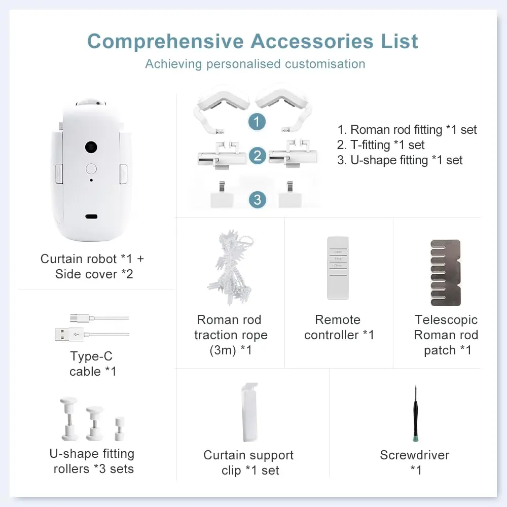 Robots à rideaux automatiques intelligents, tringle romaine ventilée, télécommande TU, capteur de lumière 3 en 1, installation facile, contrôle des boutons