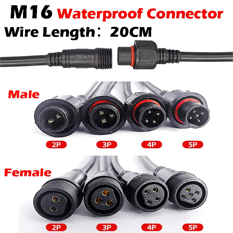 

5/20Pcs M16 Waterproof 2 3 4 5 Pin IP65 Cable Wire Plug for LED Strips Male and Female Jack 22mm nut Connector Wire 20CM OD 6mm