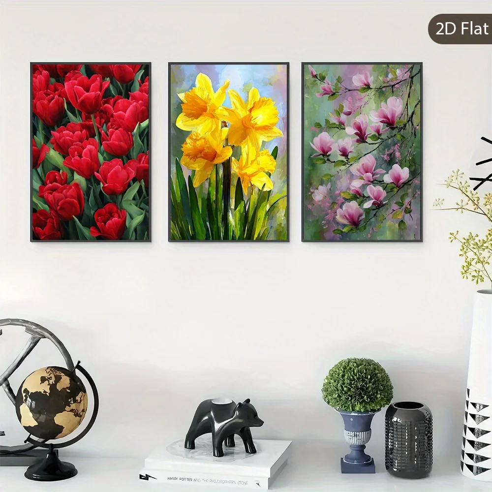 3pcs Unframed Soft Magnolias Wall Art, Vibrant Blossoms Canvas Print Painting, Golden Daffodils Poster, Bold Tulips Wall Arts