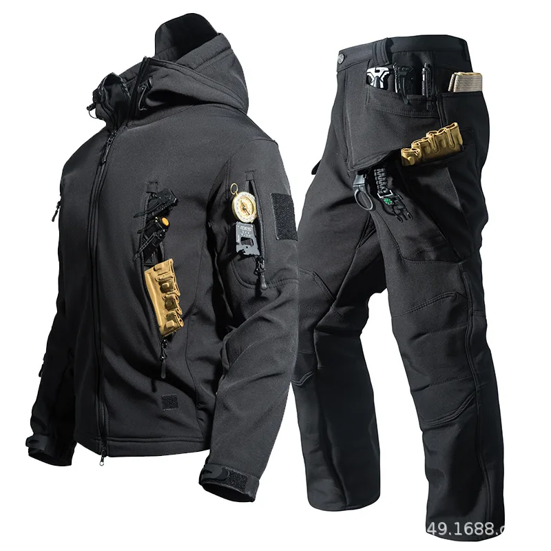 Herren Taktisches Softshell 2-Teiliges Set Kapuzen-Fleecejacke Multi-Taschen-Cargohose Winddichter Militäranzug für Outdoor-Wanderungen und Camping – Detail 5