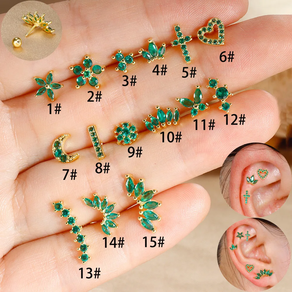 Fashion Green Zircon Stainless Steel Minimal Stud Earrings Small Helix Tragus Cartilage Cross Heart Earring Piercing Jewelry 1pc