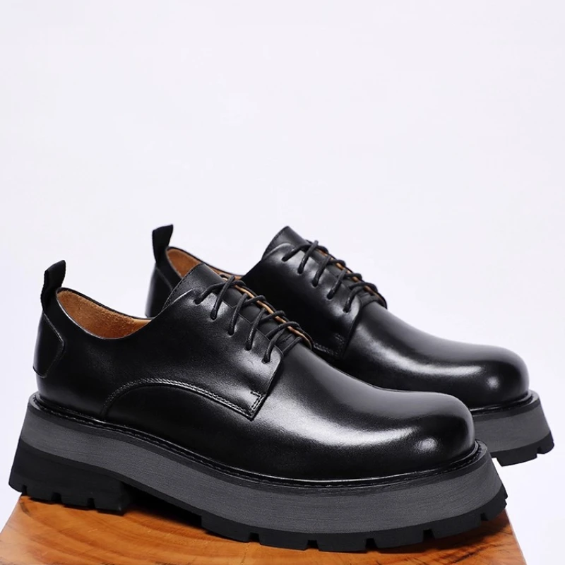 England Dress Shoes for Men's Genuine Leather Thick Platform Height Increasing Shoes Commuting Comfortable Casual Derby Shoes