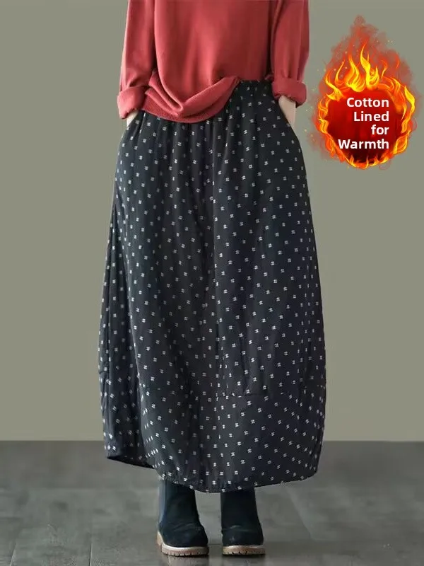 

Retro Cotton Linen f Skirt Warm Long A-Line Skirt Elastic Waist Slimming plus Size Women's Clothing Autumn Winter Faion
