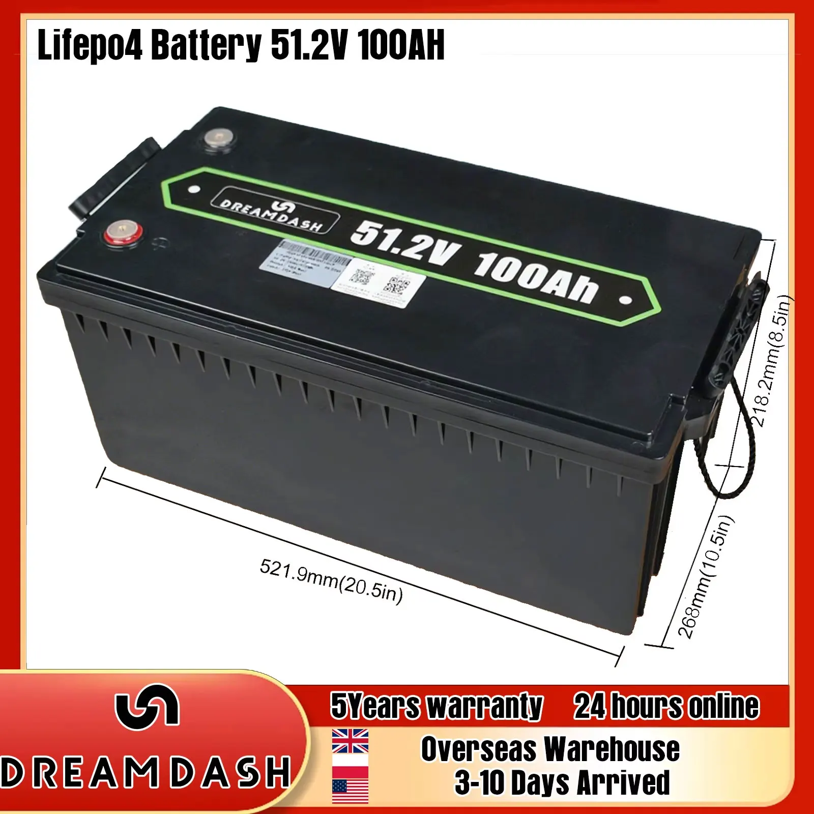 Dreamdash  LiFePO4 Battery 51.2V 100Ah Lithium Battery Powerwall 4500+ Cycle For Home Energy Solar Off-Grid Battery 15kWh