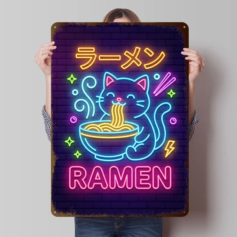 Neon Cat Eating Ramen Poster Customized Vintage Metal Signs Wall Art Retro Tin Plaque for Bedroom Decoration Room Accessories