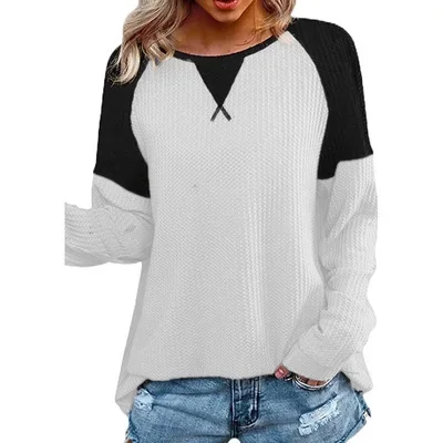 2023 Women's Top Fashion New Autumn, Crossed Neckline, Spliced Round Neck T-shirt Raglan Sleeve Long Sleeve Casual