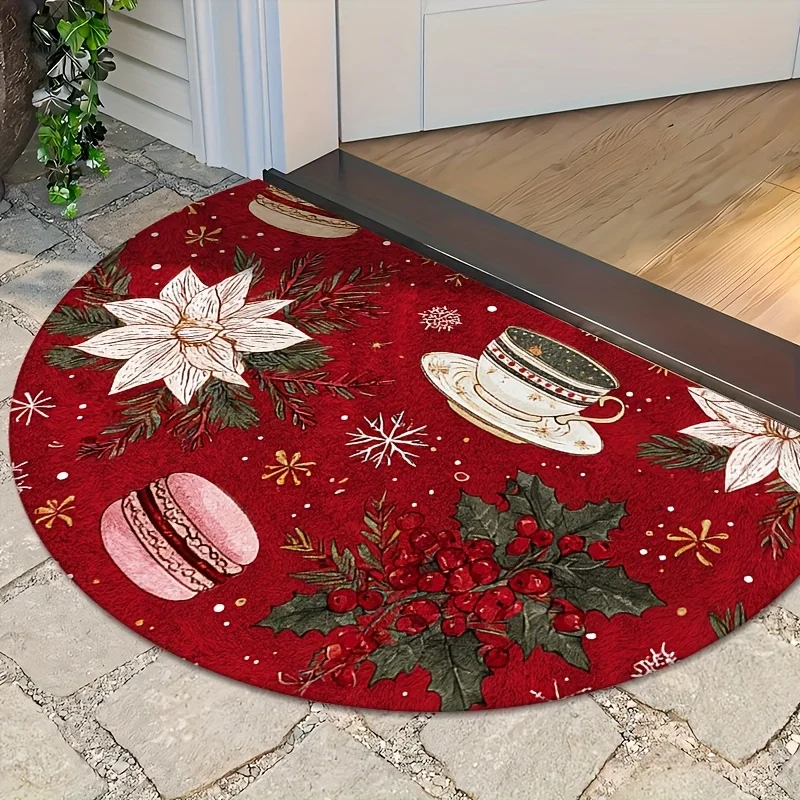 Merry Christmas Red Floor Mat Poinsettia Coffee Cup Half Moon Decor Door Mat Holly Berry Welcome Carpet Indoor Outdoor Home