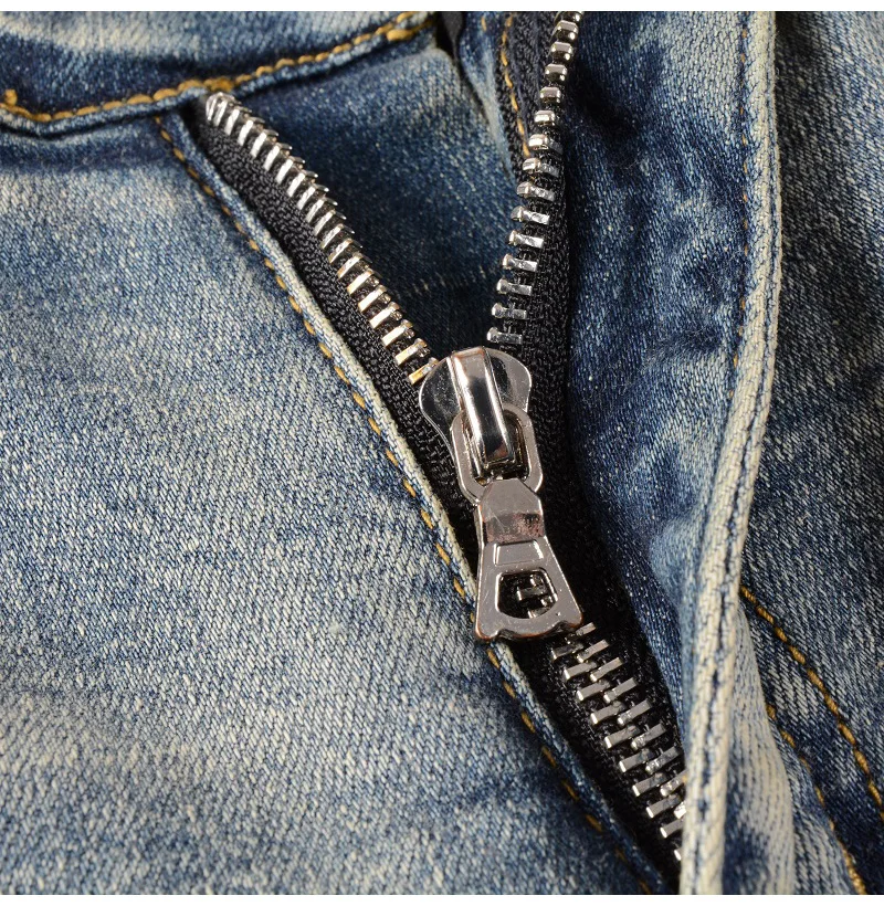 Herren-Jeans mit Riss-Patchwork, Streetwear, Skinny Tapered Hosen, Vintage Stretch-Denim, zerrissene, abgenutzte Hosen – Detail 7