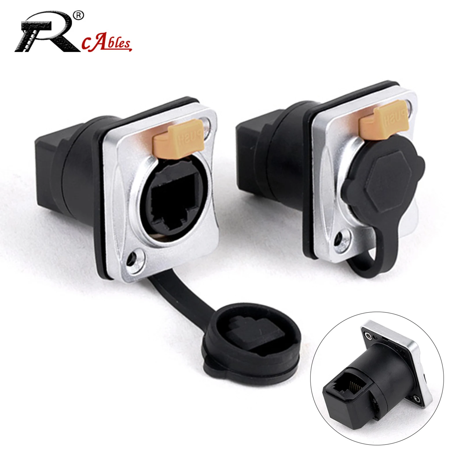 

1PC Right Angle RJ45 Waterproof IP65 Network Connector with Rubber Cover 8P8C D Type Panel Mount Socket RJ45 Ethernet Connector