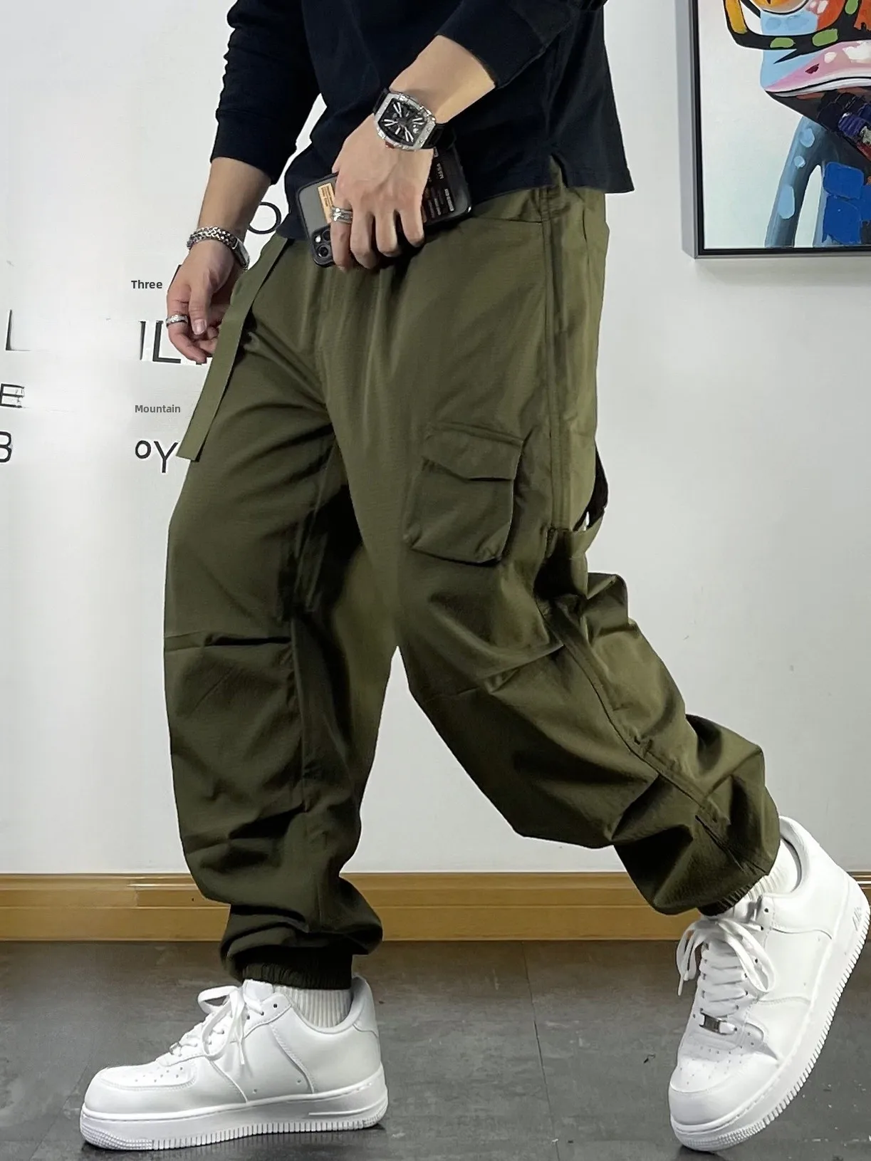 

American Retro Loose Fit Cargo Pants Men's Belted Casual Autumn Sle Youth Leisure Trousers Multiple kets Embroidered Logo