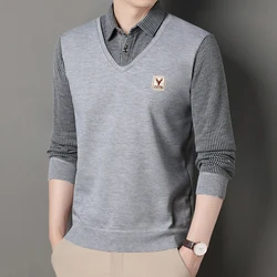Men's Winter Sweater Fashion Polo Shirt Pullover Slim Fit Elegant Luxury Brand Knitwear Fake Two Pieces Knitted Sweaters