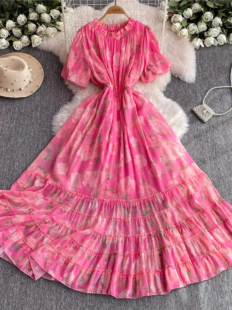 Summer Women Floral Ruffle Chiffon Long Dress Vintage Round Neck Puff Sleeve High Waist Vacation Beach Vestidos Female Robe New