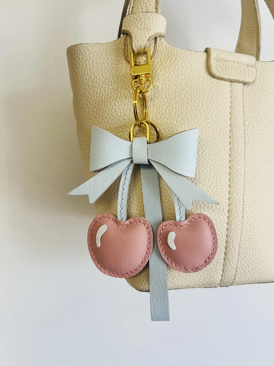 Cowhide Leather Colorful Cherry Style Bag Accessories Key Chain Decoration Playful Bag Pendant Charm Hanging