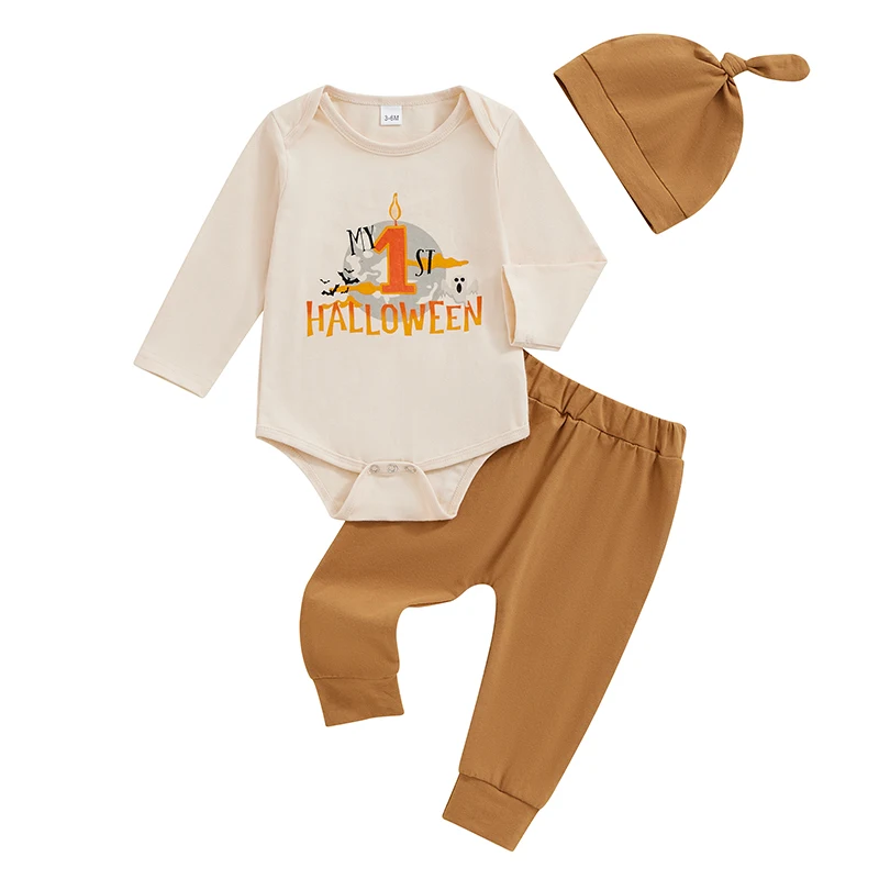 Baby Boy Girl Halloween Outfit Letter Print Pagliaccetto a maniche lunghe Pantaloni in vita elastica Cappello Set da 3 pezzi per l'autunno