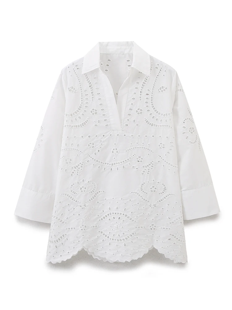 KAOPU ZA Women cutwork embroidery shirt vintage lapel-neck quarter sleeve scalloped hem female blouses blusas chic tops