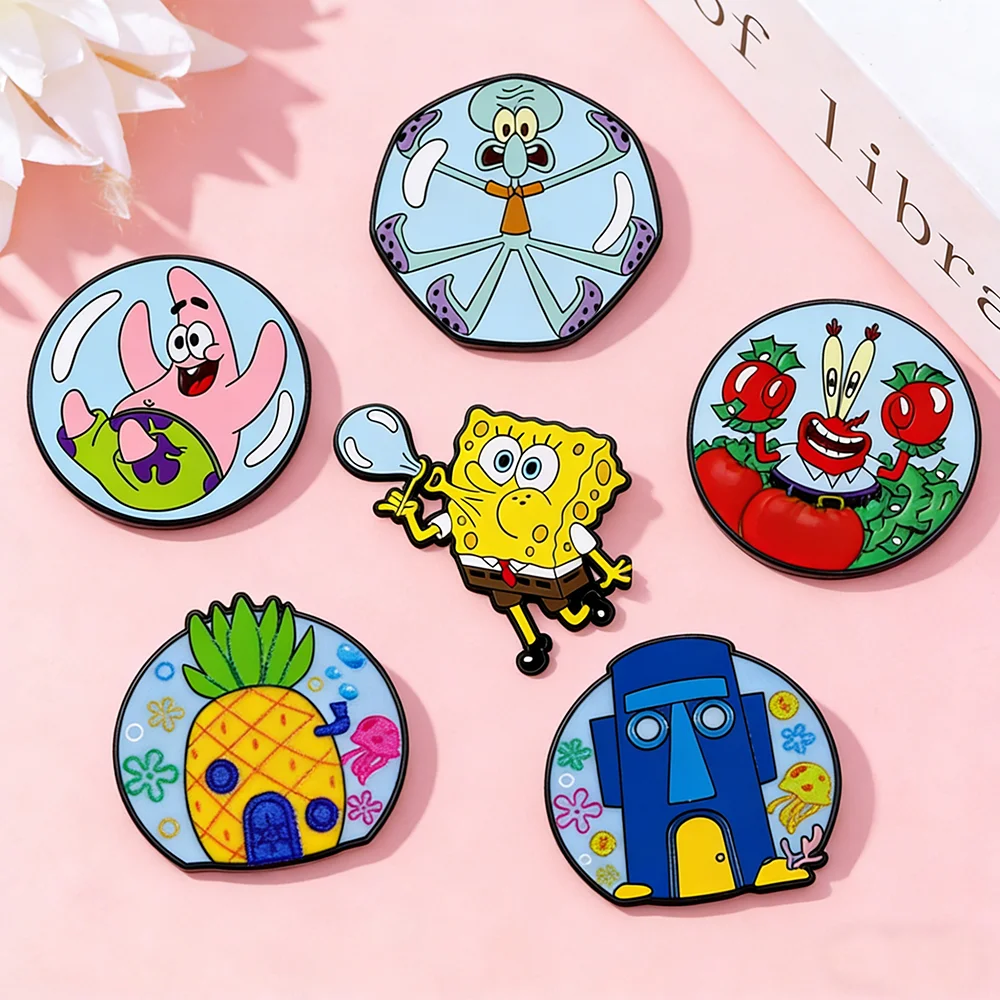 6Pcs Kawaii SpongeBob & Friends Enamel Pins Blow Bubbles Patrick Squidward Mr. Krabs Lapel Badges  Kids Collectible Brooch Gift