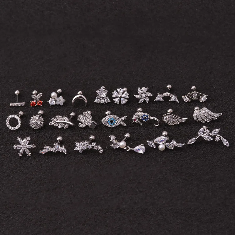 1PC 20G Stainless Steel Stud Earring Helix Body Piercing Jewelry Fashion Moon Animal Plant Cz Ear Lobe Tragus Daith Cartilage