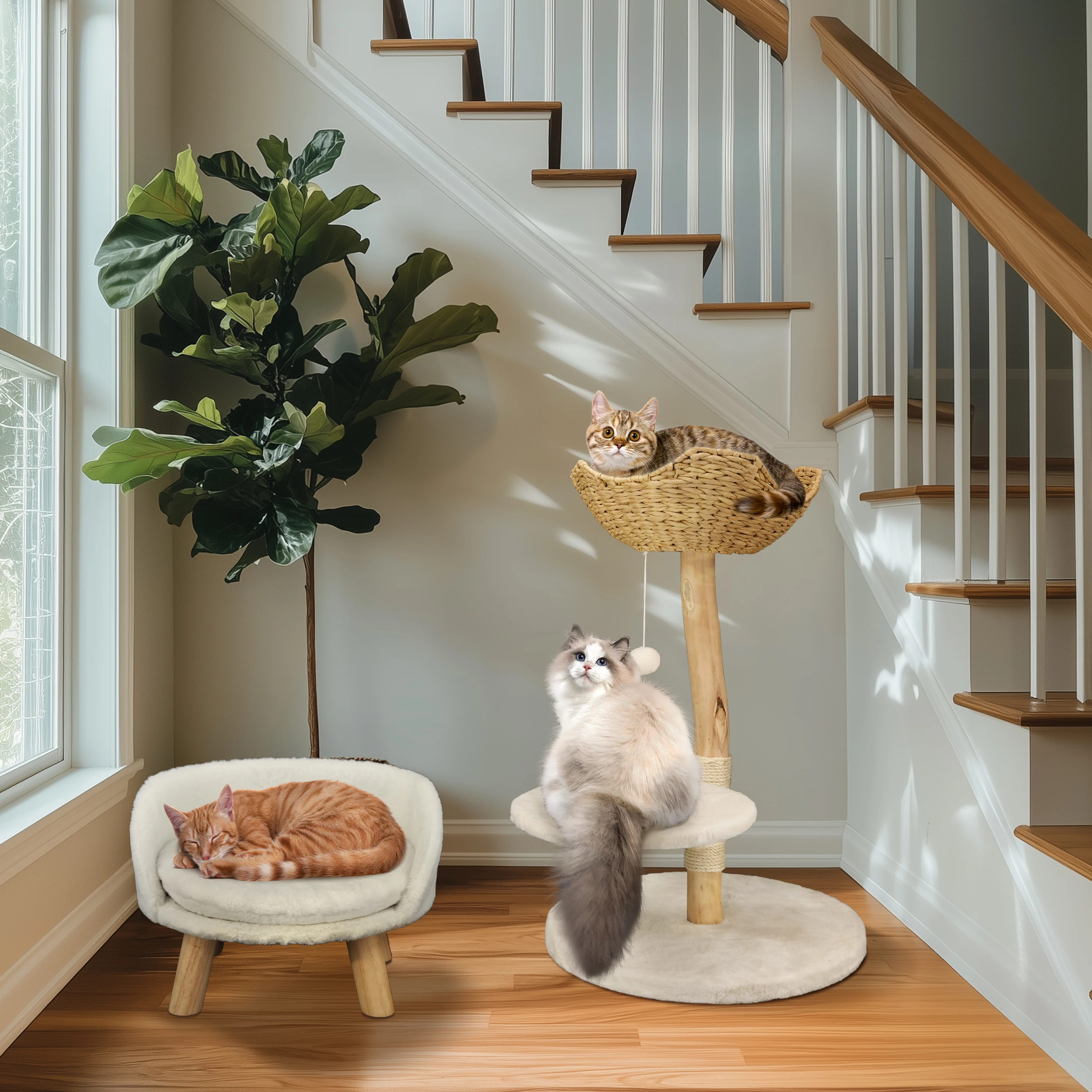 Modern Solid Wood Cat Tree with Plush Cushion and Toy Ball Activity Tower Center Cozy Rest Sisal Rope Scratching Post for Indoor