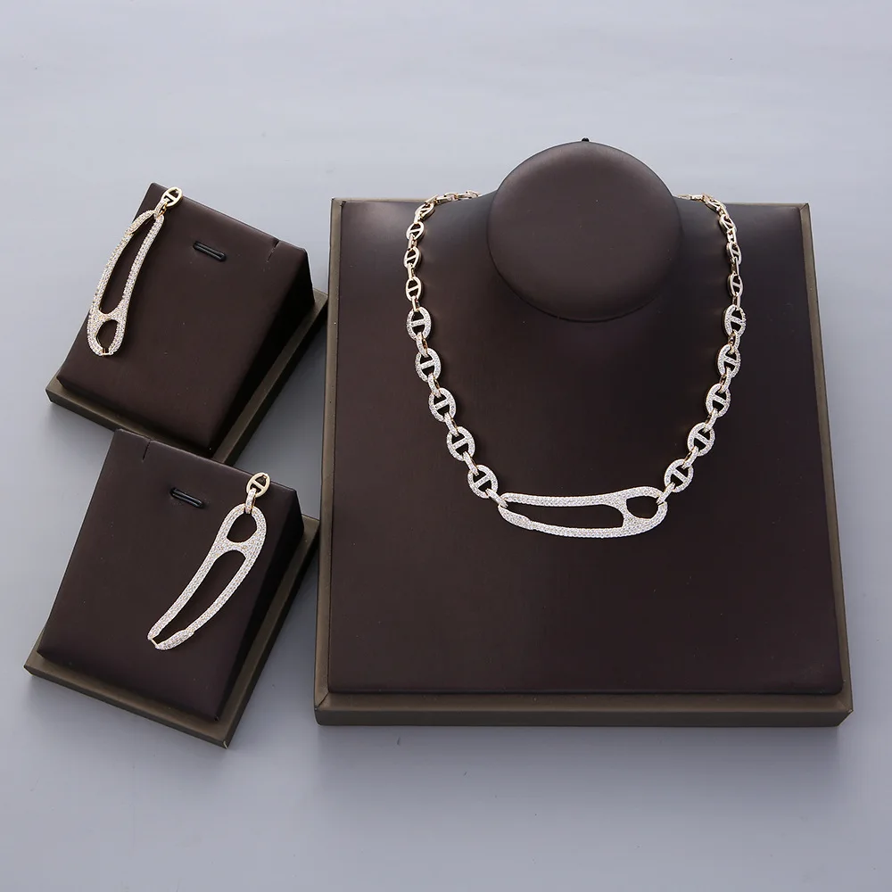 HIBRIDE 2 Pcs Personalised Fashion AB Crescent Necklace Earrings Champagne Jewellery Set Daily Women Party Prom Gift S-747