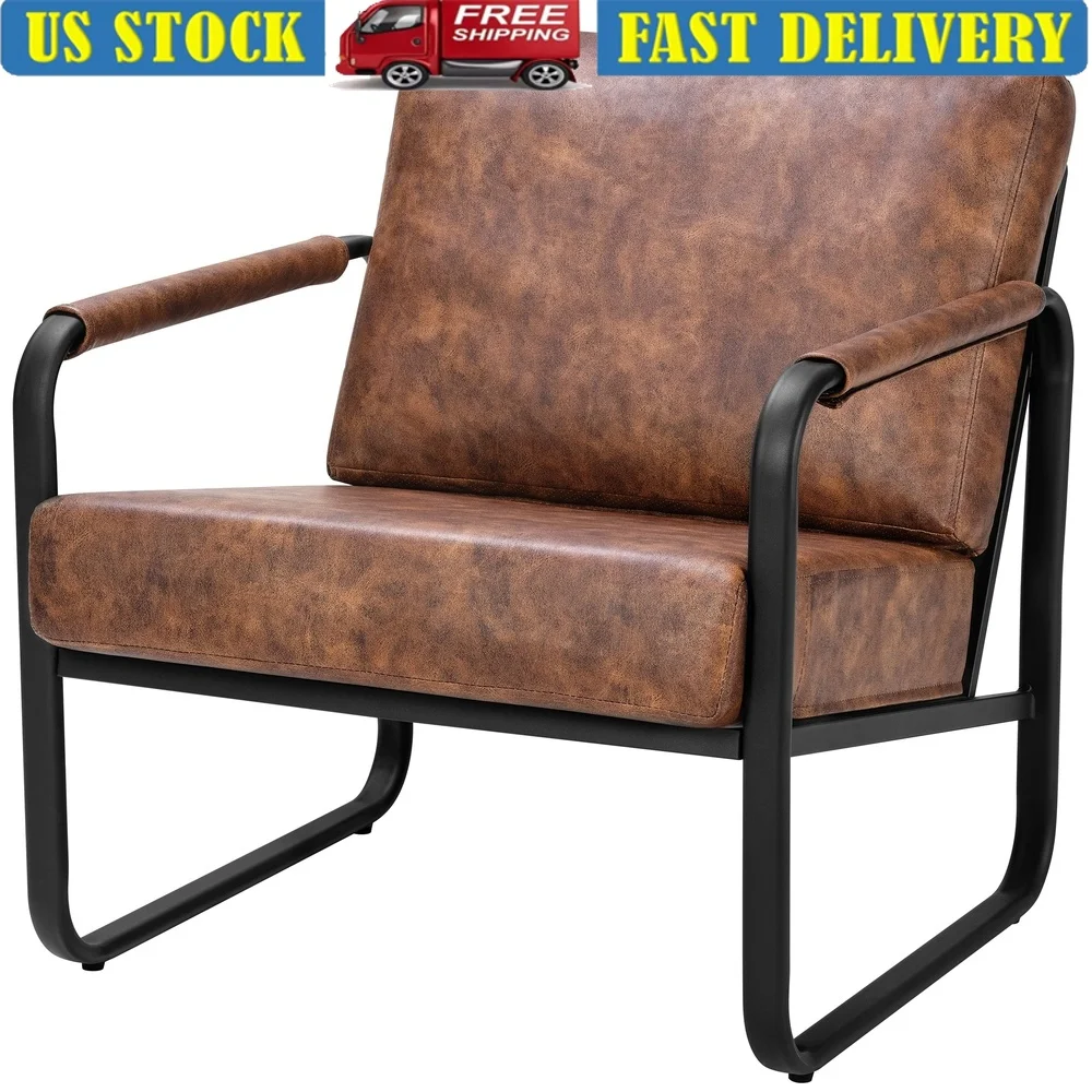 

Mid-Century Modern Accent Chair PU Leather Armchair Metal Frame Comfy Lounge Chair with Detachable Cushions Living Room Bedroom