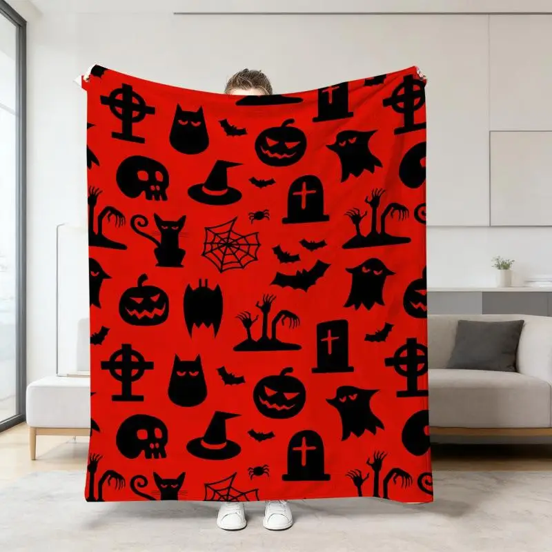Halloween-Orange-Deckenbezug mit Cartoon-Geister- und Totenkopf-Druck, Flanell-Schlafdecke, Sofabezüge, Multifunktionale Dekorative Decken – Detail 17