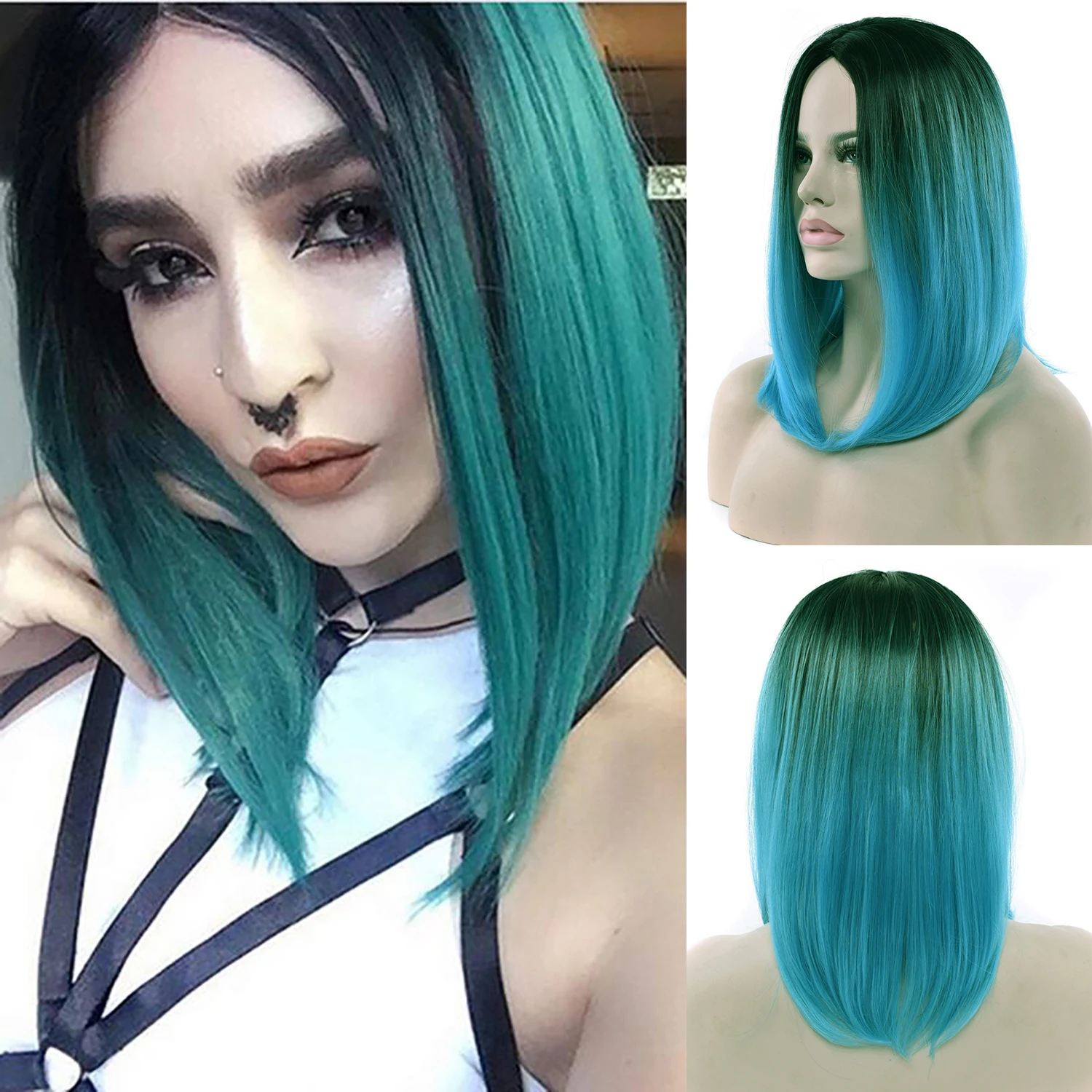 

Soowee Synthetic Hair Black To Blue Ombre Hair Short Bob Short Wigs Straight Hair Cosplay Wig for Women