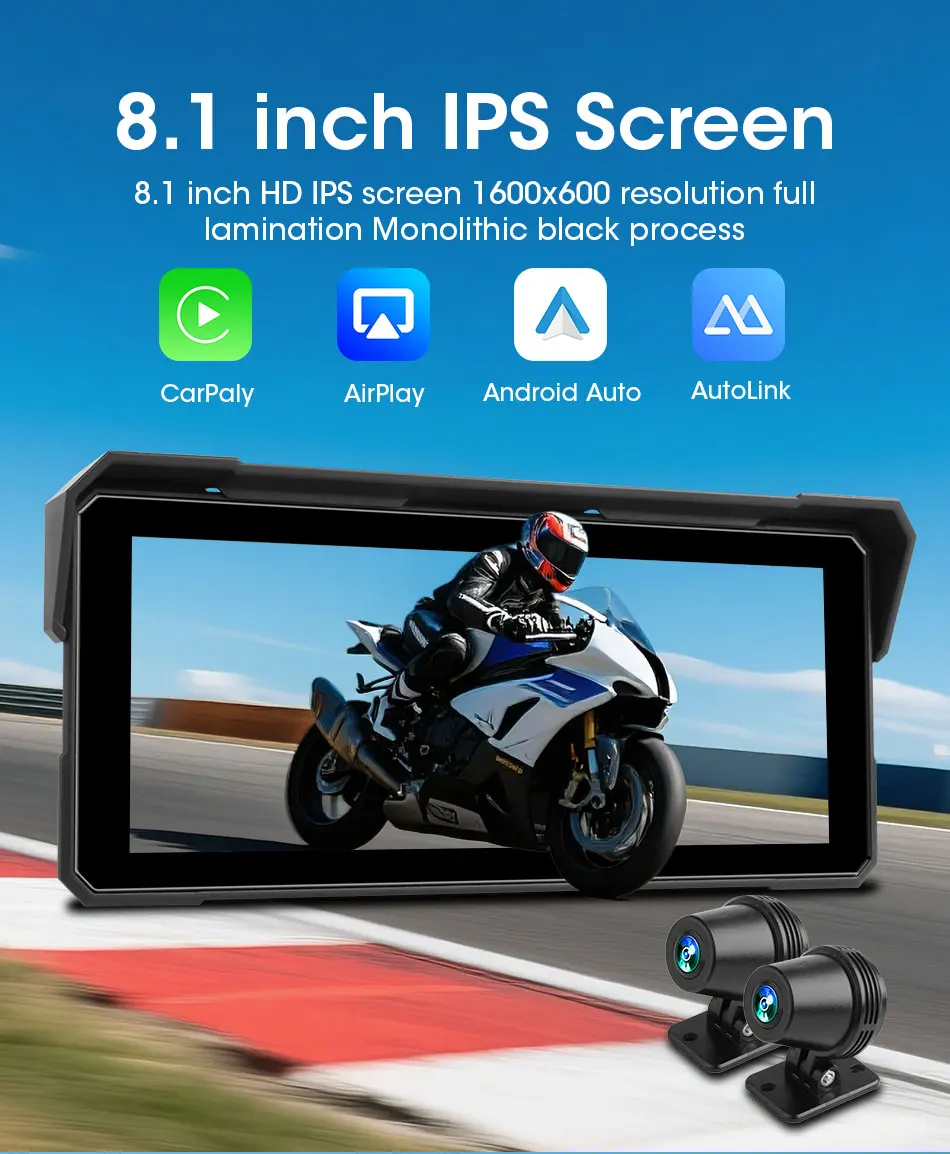 Srnubi 5/8,1 Zoll Motorrad-Navigation vorne 4K + hinten 1080P DVR IPX7 wasserdichter tragbarer Carplay/Android Auto Bluetooth-Monitor – Detail 2